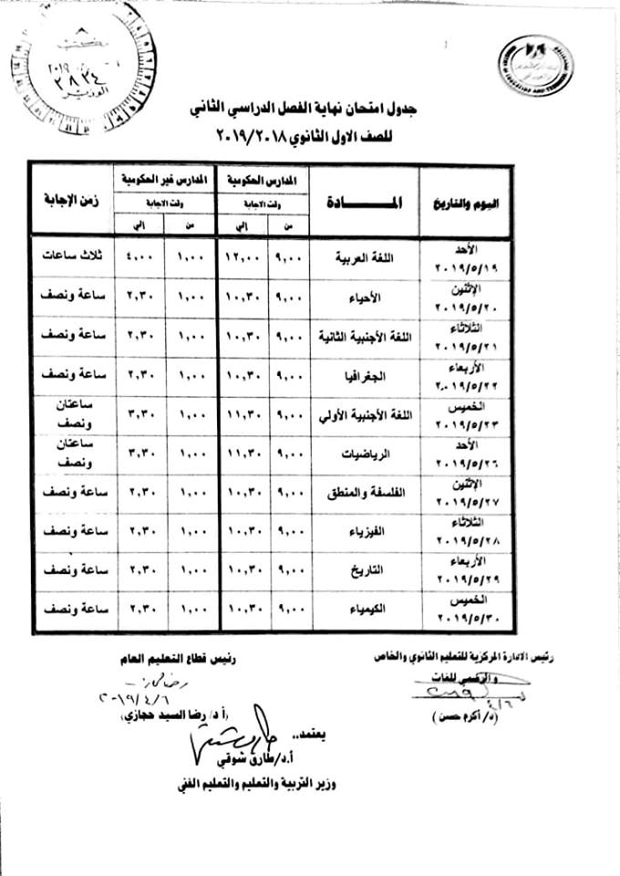 جدول امتحانات الصف الاول الثانوي