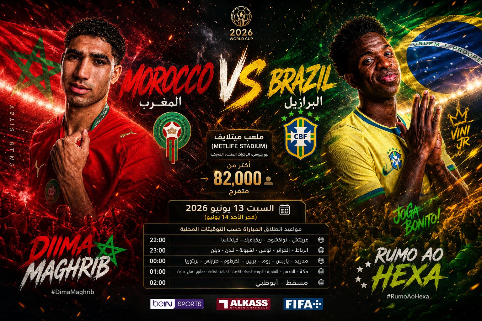 القنوات المجانية الناقلة لمباراة المغرب والبرازيل اليوم فى كأس العالم 2026