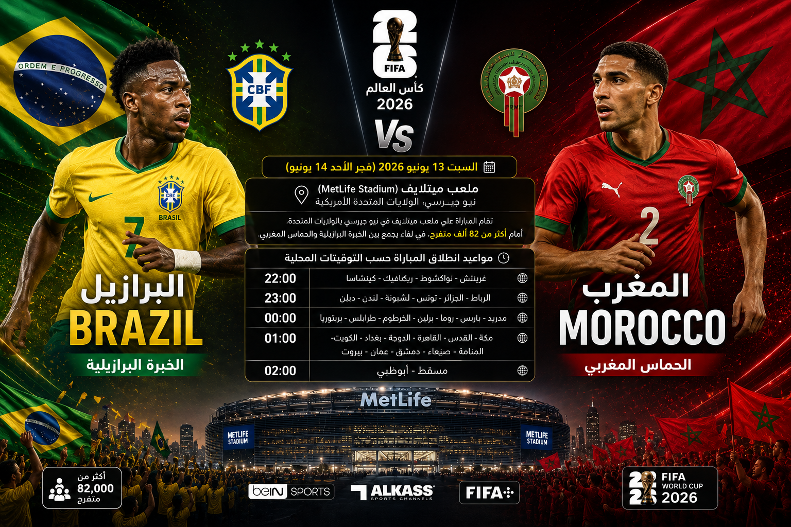 القنوات المفتوحة الناقلة لمباراة المغرب والبرازيل اليوم في كأس العالم